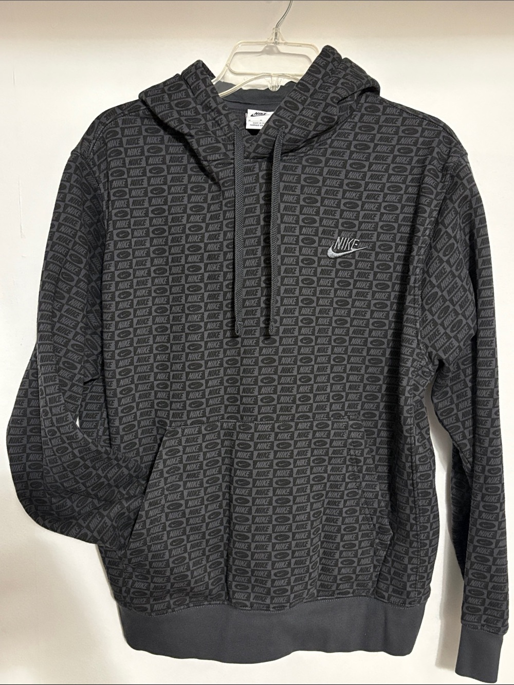 Nike Men's Black/Gray Crewneck Hoodie with All-Over Logo Pattern